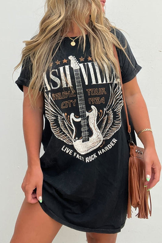 Music City Graphic Round Neck Short Sleeve Tee Dress - Nashville Style.