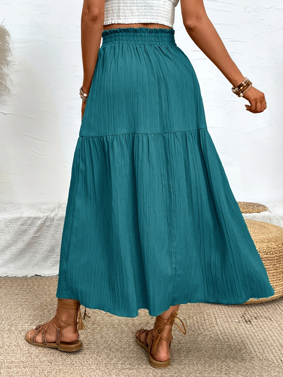 Elegant Frill Detail Midi Skirt with Side Slit.