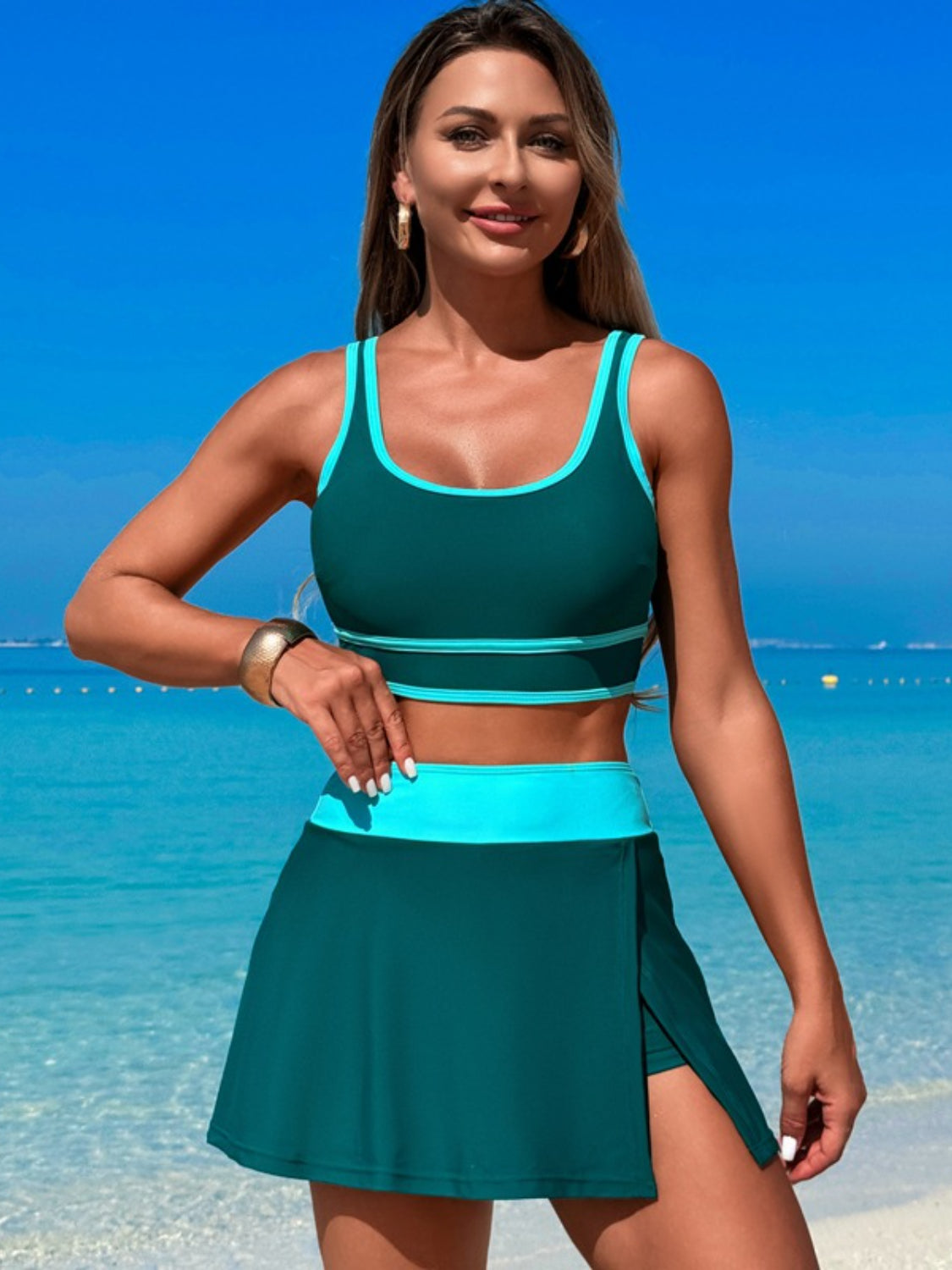 Dive into Style: Scoop Neck Top and Skort Swim Set.