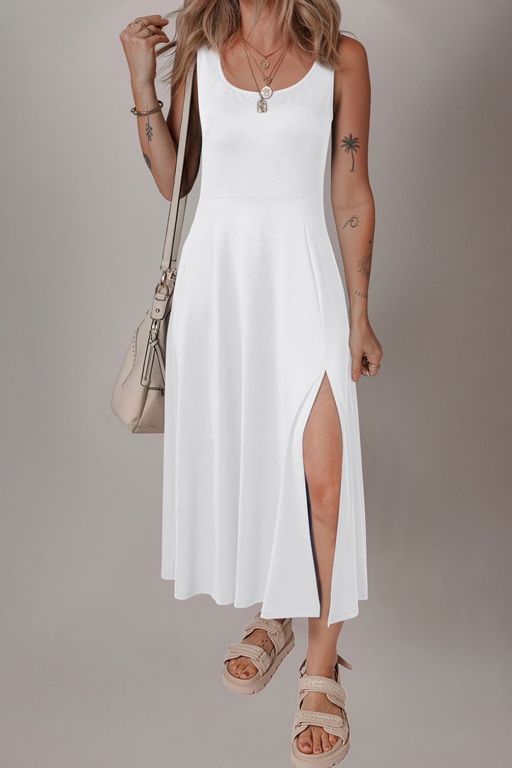 Side Slit Scoop Neck Wide Strap Dress.