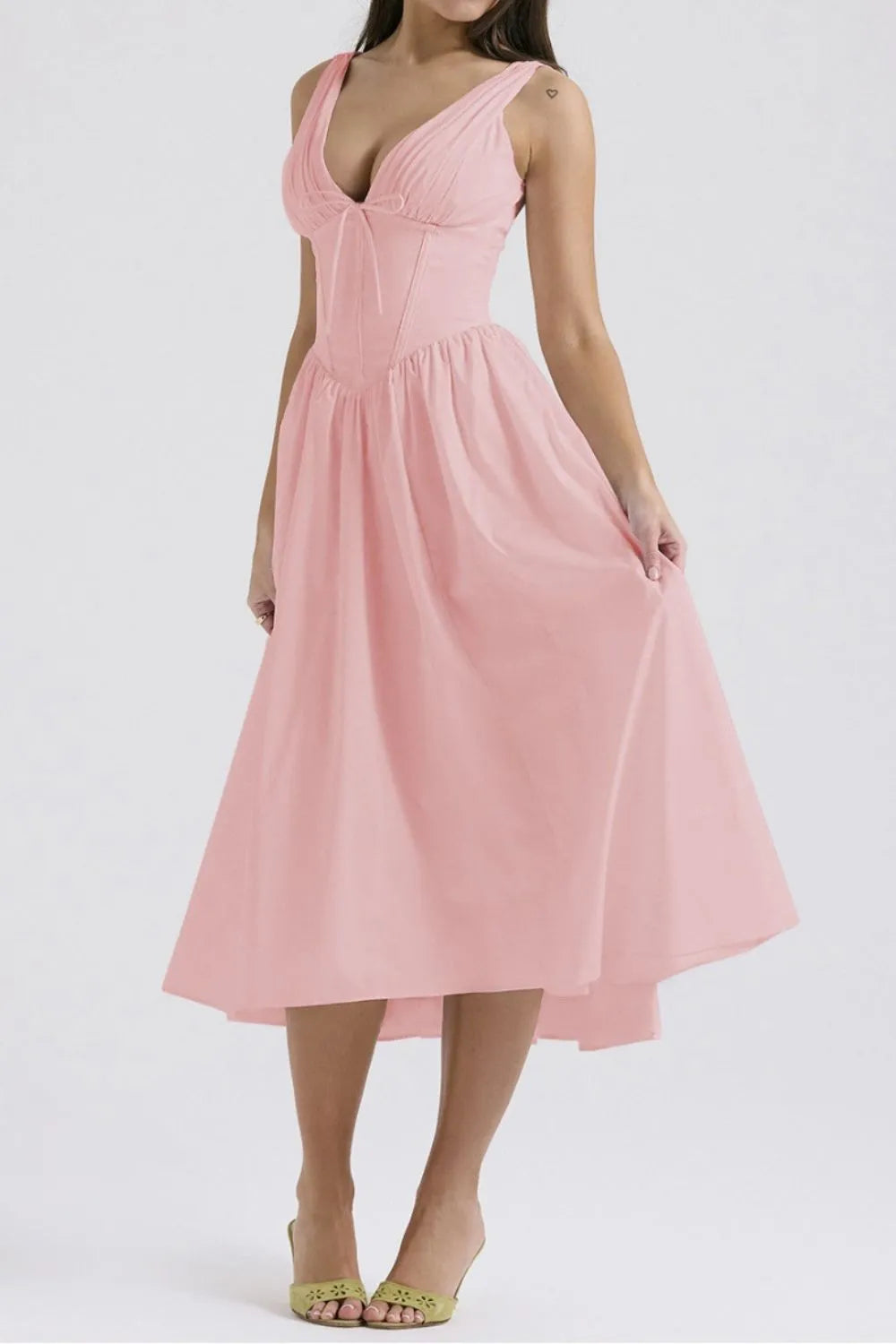 Ruched V-Neck Dress with Pockets.