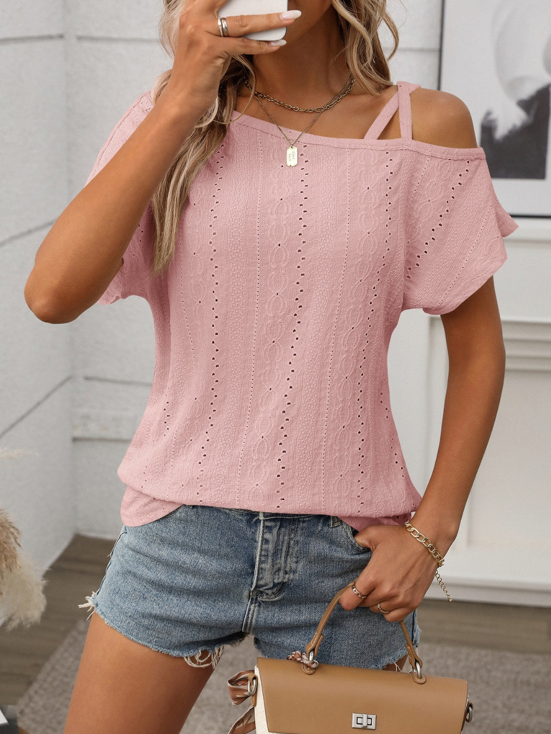 Chic Eyelet Asymmetrical Shoulder Short Sleeve T-Shirt - Unique Fashion Statement.