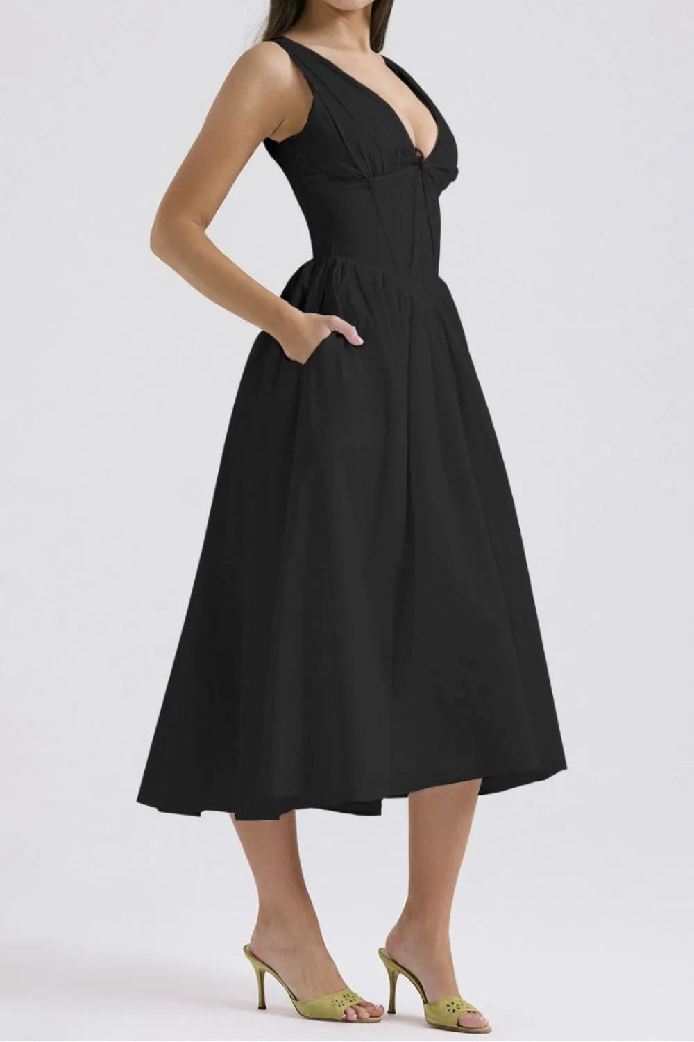 Ruched V-Neck Dress with Pockets.