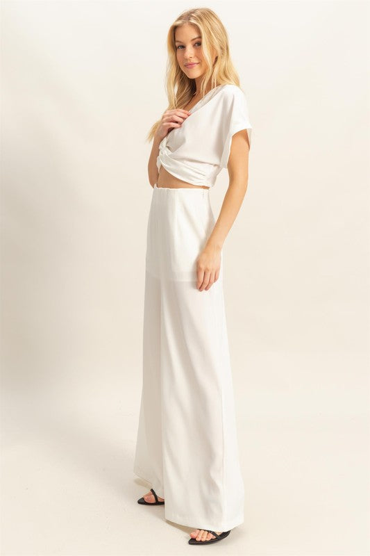 HYFVE Twisted Front Short Sleeve Top and Wide Leg Pants Set.