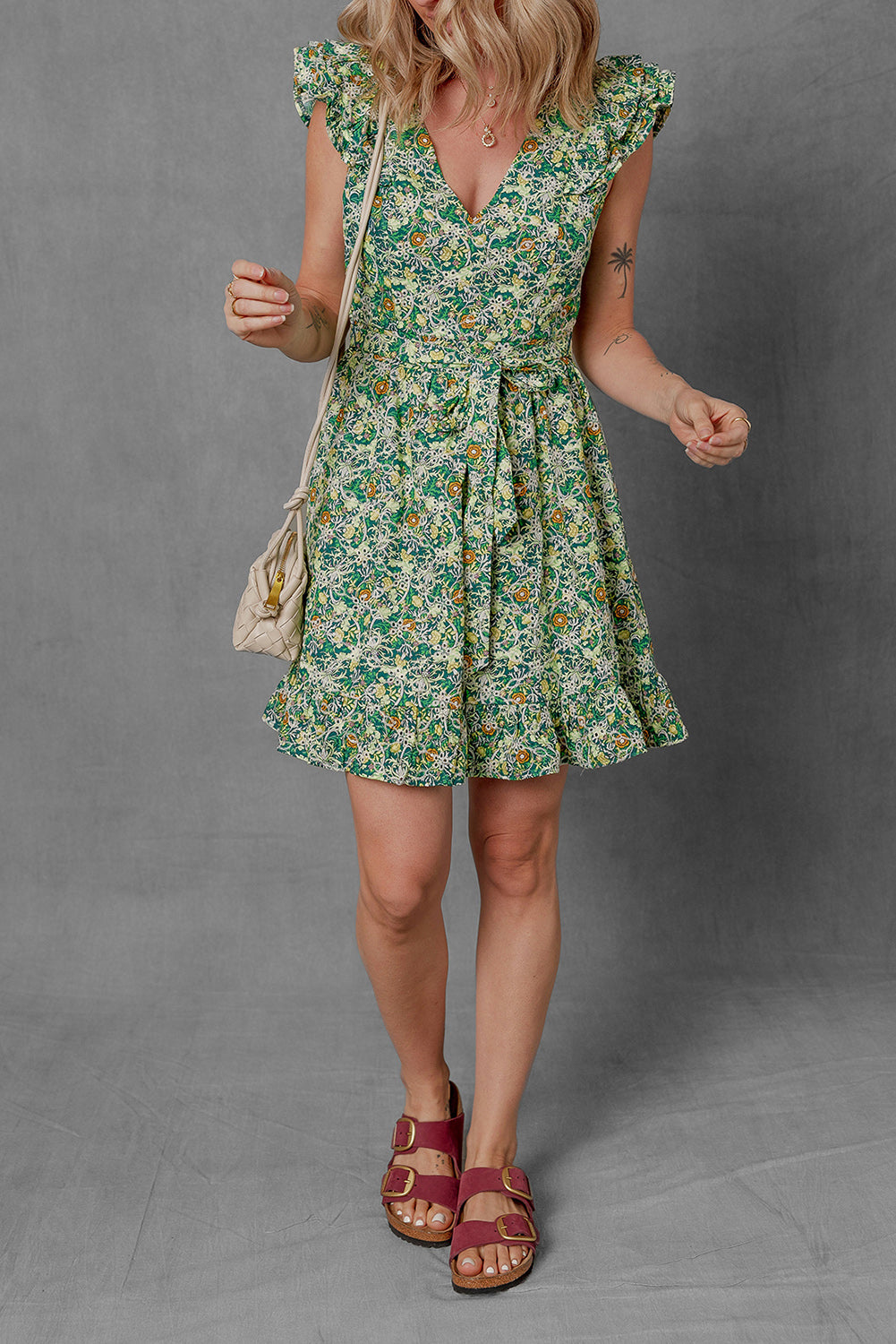 Romantic Floral Flutter Sleeve V-Neck Mini Dress - Garden Party Perfection.
