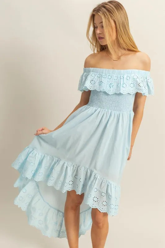 HYFVE High-Low Eyelet Ruffled Off-Shoulder Dress.