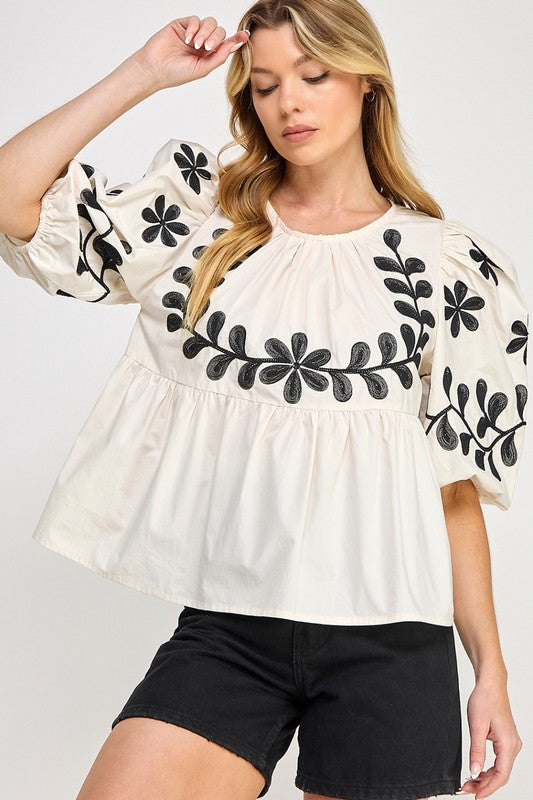 SAGE+FIG Puff-Sleeve Embroidered Peplum Blouse.