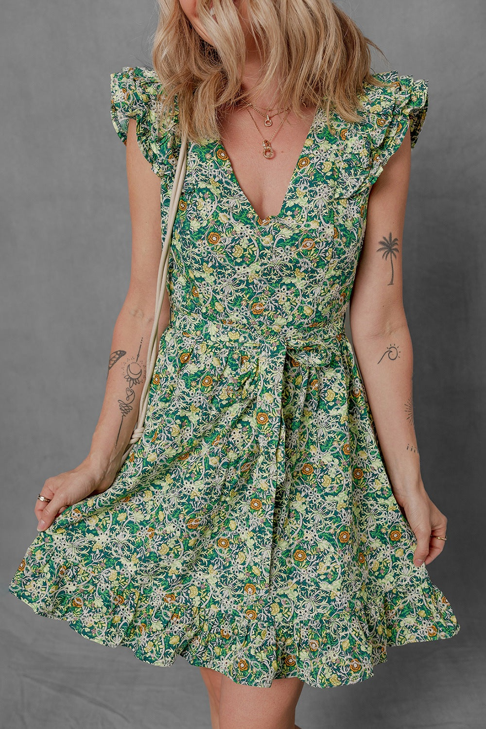 Romantic Floral Flutter Sleeve V-Neck Mini Dress - Garden Party Perfection.