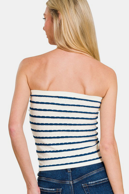 Zenana Twisted Sweetheart Neck Striped Tube Top.