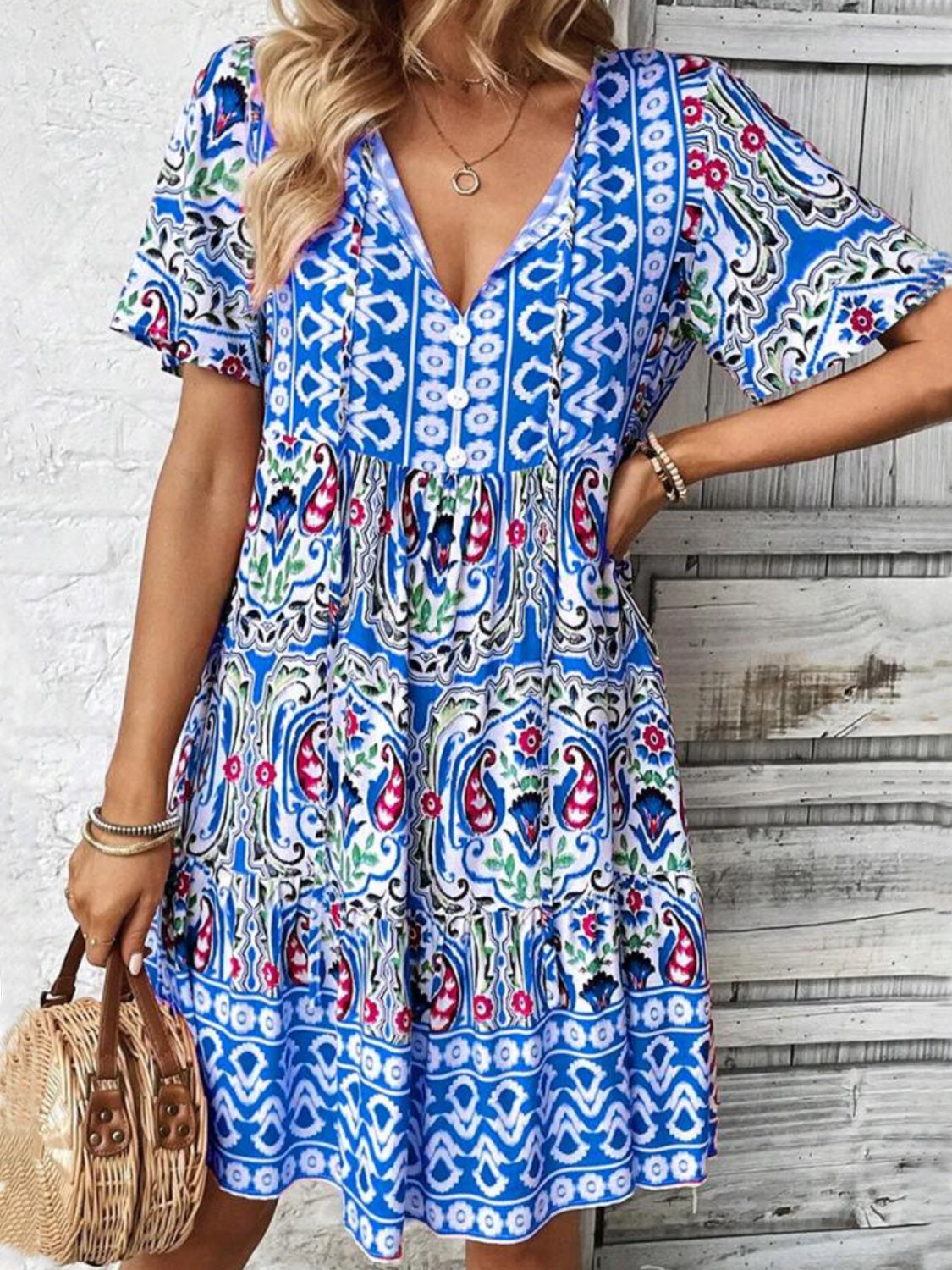 Printed Tie Neck Short Sleeve Dress.