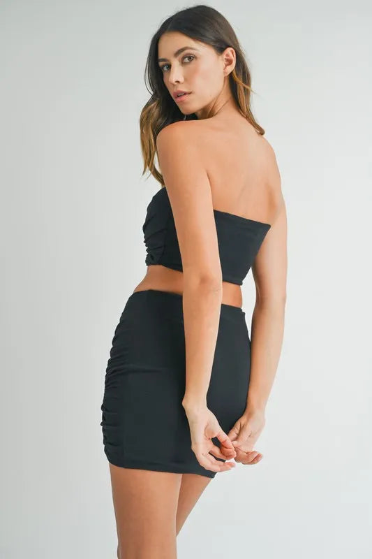 MABLE Ruched Tube Crop Top and Skirt Set.
