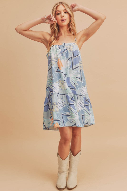 Aemi + Co Printed Ruffled Hem Square Neck Mini Cami Dress.
