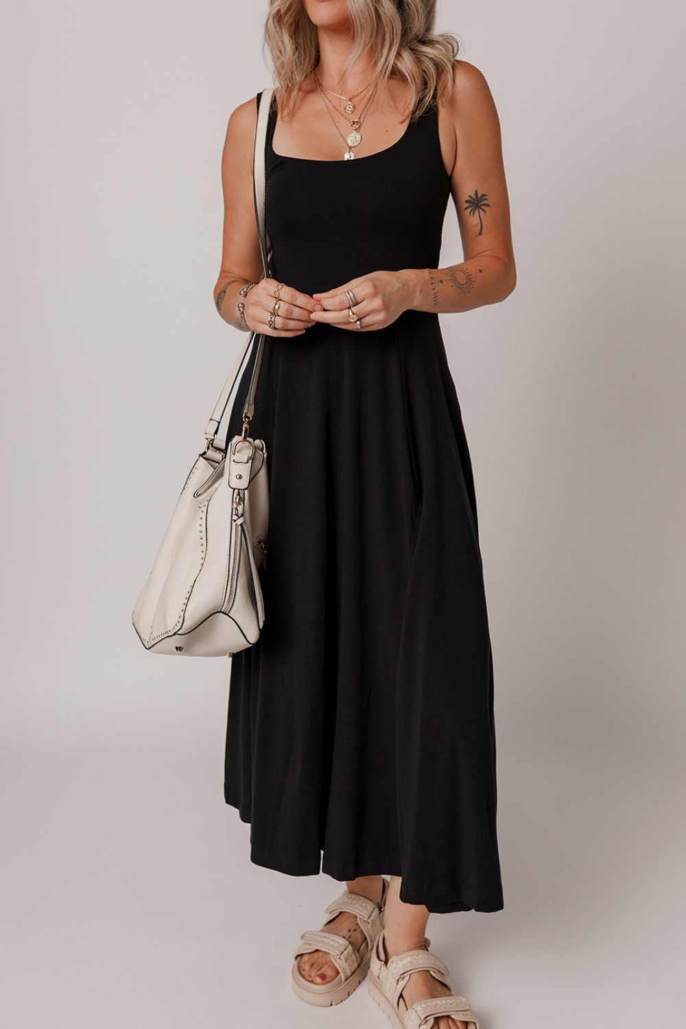Side Slit Scoop Neck Wide Strap Dress.