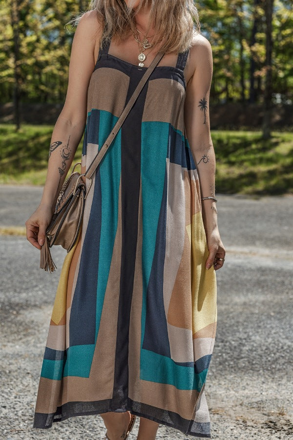 Vibrant Color Block Dress - Square Neck, Wide Strap.