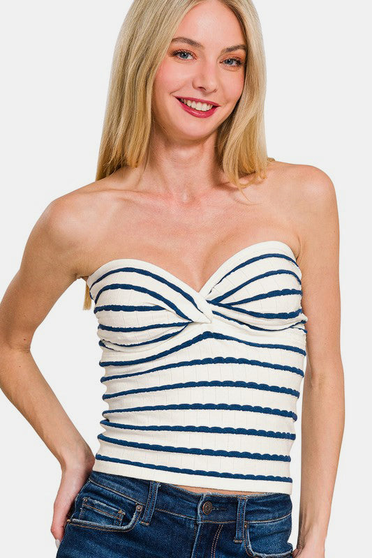 Zenana Twisted Sweetheart Neck Striped Tube Top.