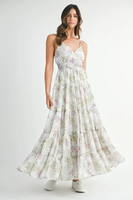 MABLE Floral Print Tiered Cami Maxi Dress.