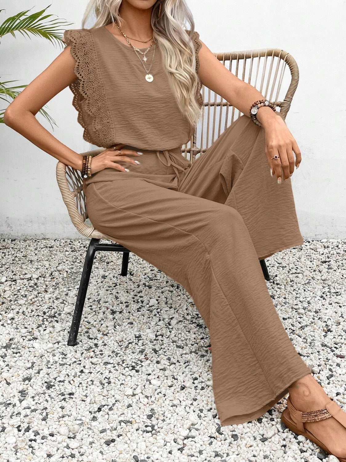 Elegant Lace Trim Round Neck Top and Pants Set - Refined Comfort.