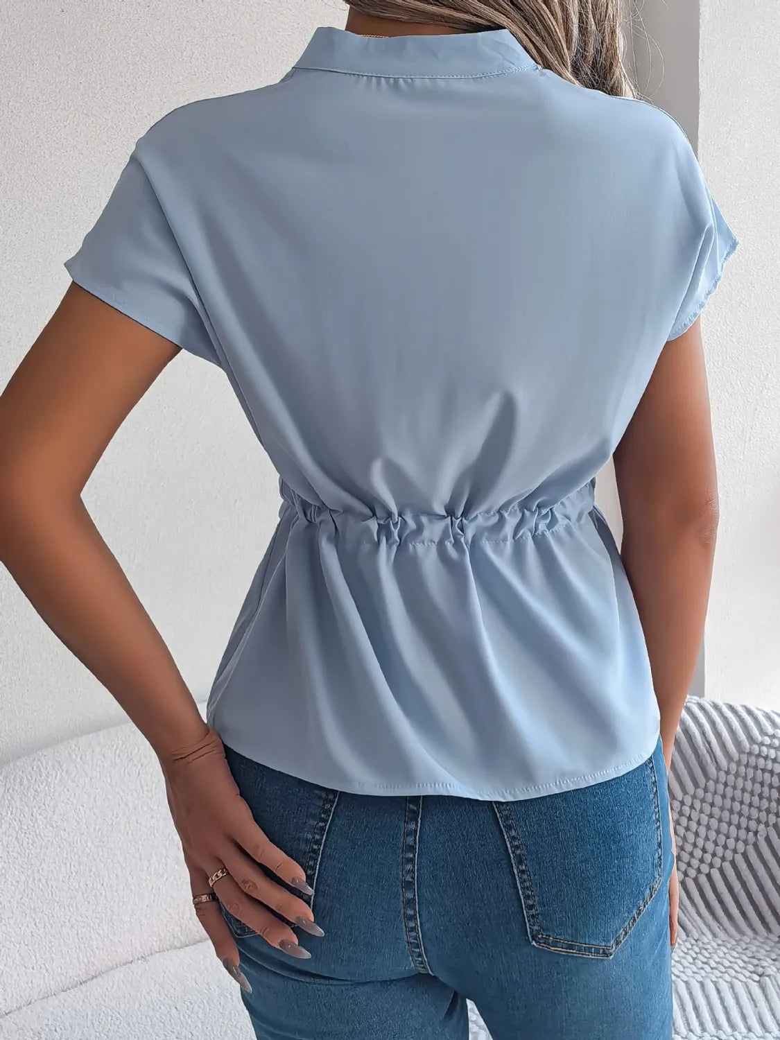 Savvy Notched Short Sleeve Blouse.