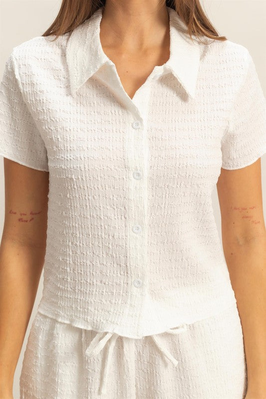 HYFVE Textured Short Sleeve Top and Drawstring Shorts Knit Set.