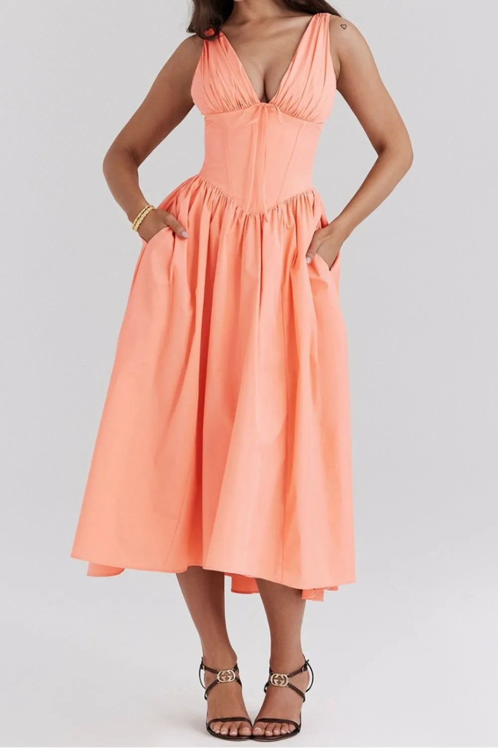 Ruched V-Neck Dress with Pockets.