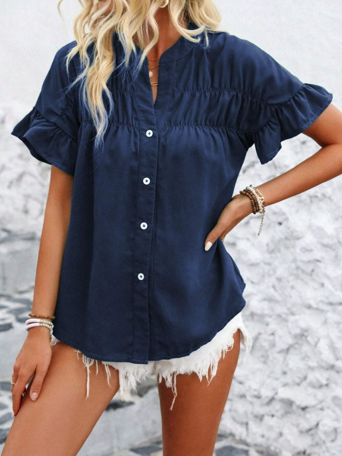 Elegant Button Down Ruffled Short Sleeve Shirt - Versatile Fashion Essential.