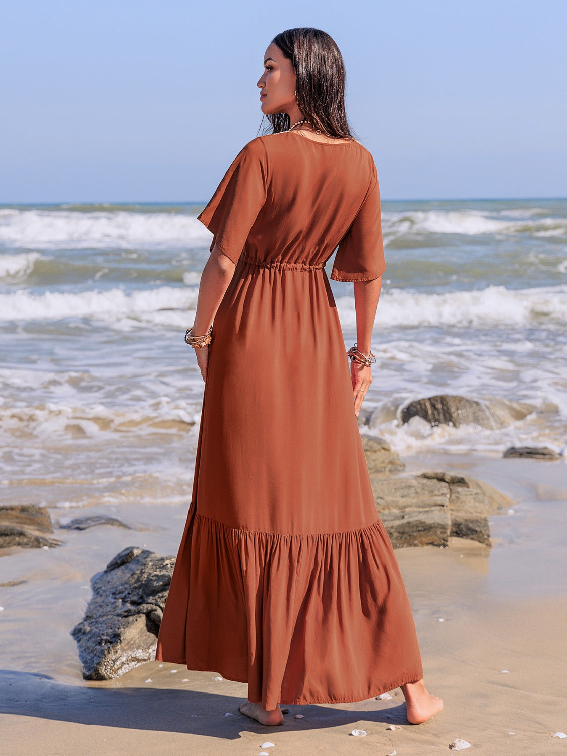 Ruffled Tassel V-Neck Flutter Sleeve Dress.