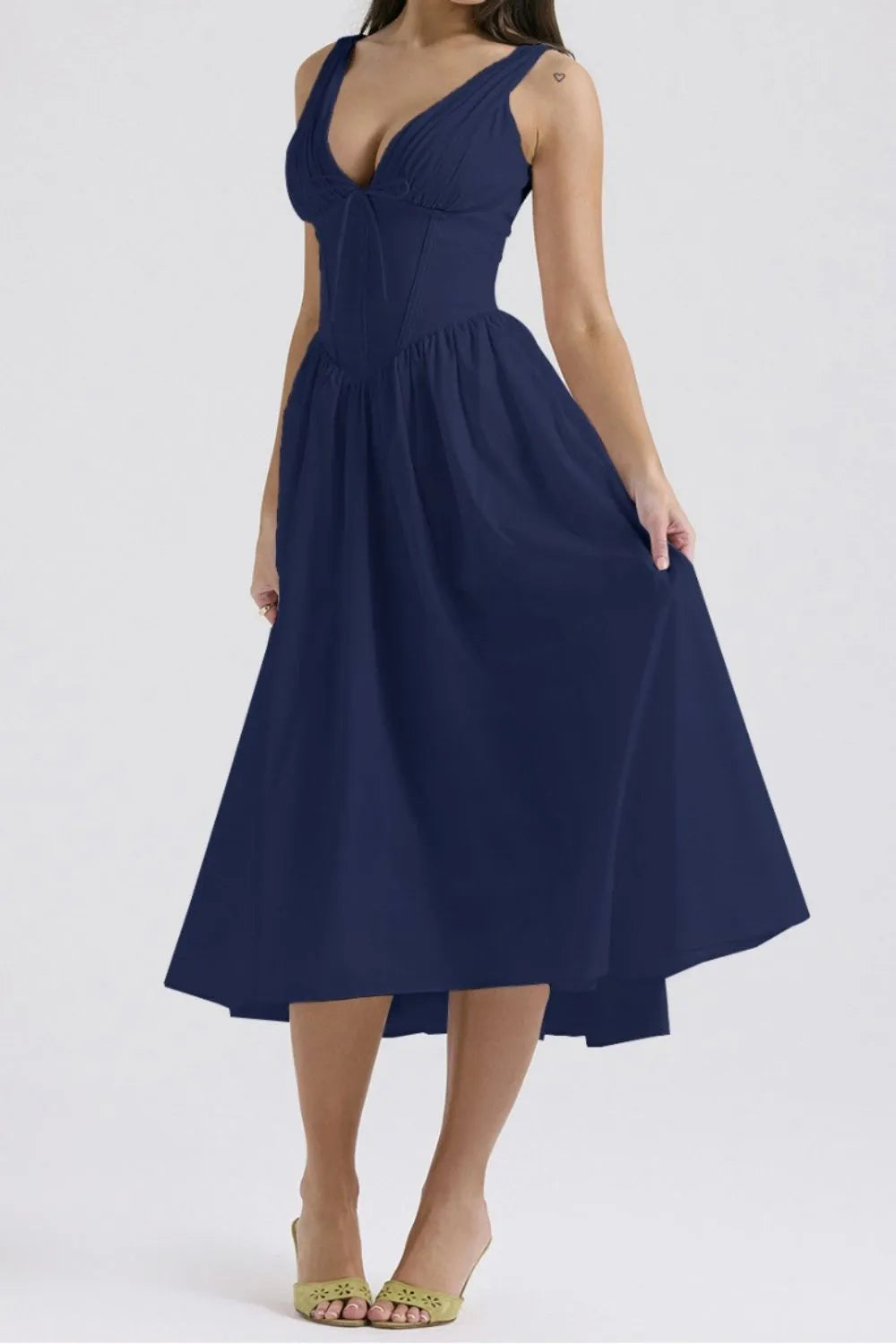 Ruched V-Neck Dress with Pockets.
