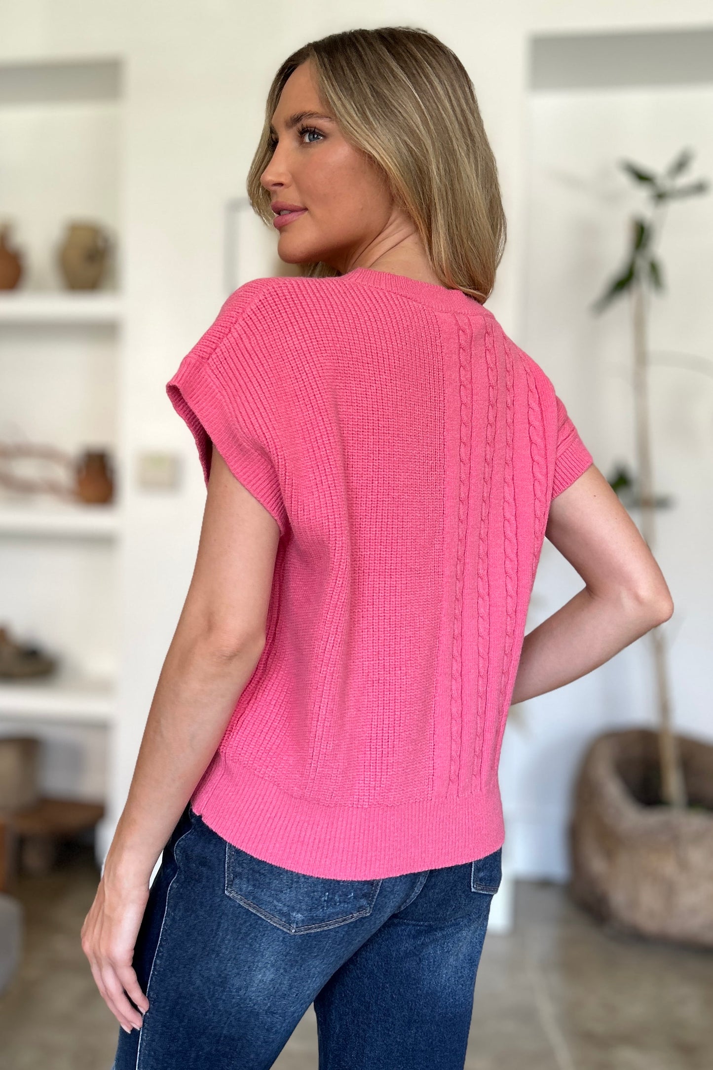 Double Take Full Size Cable-Knit Round Neck Short Sleeve Sweater.