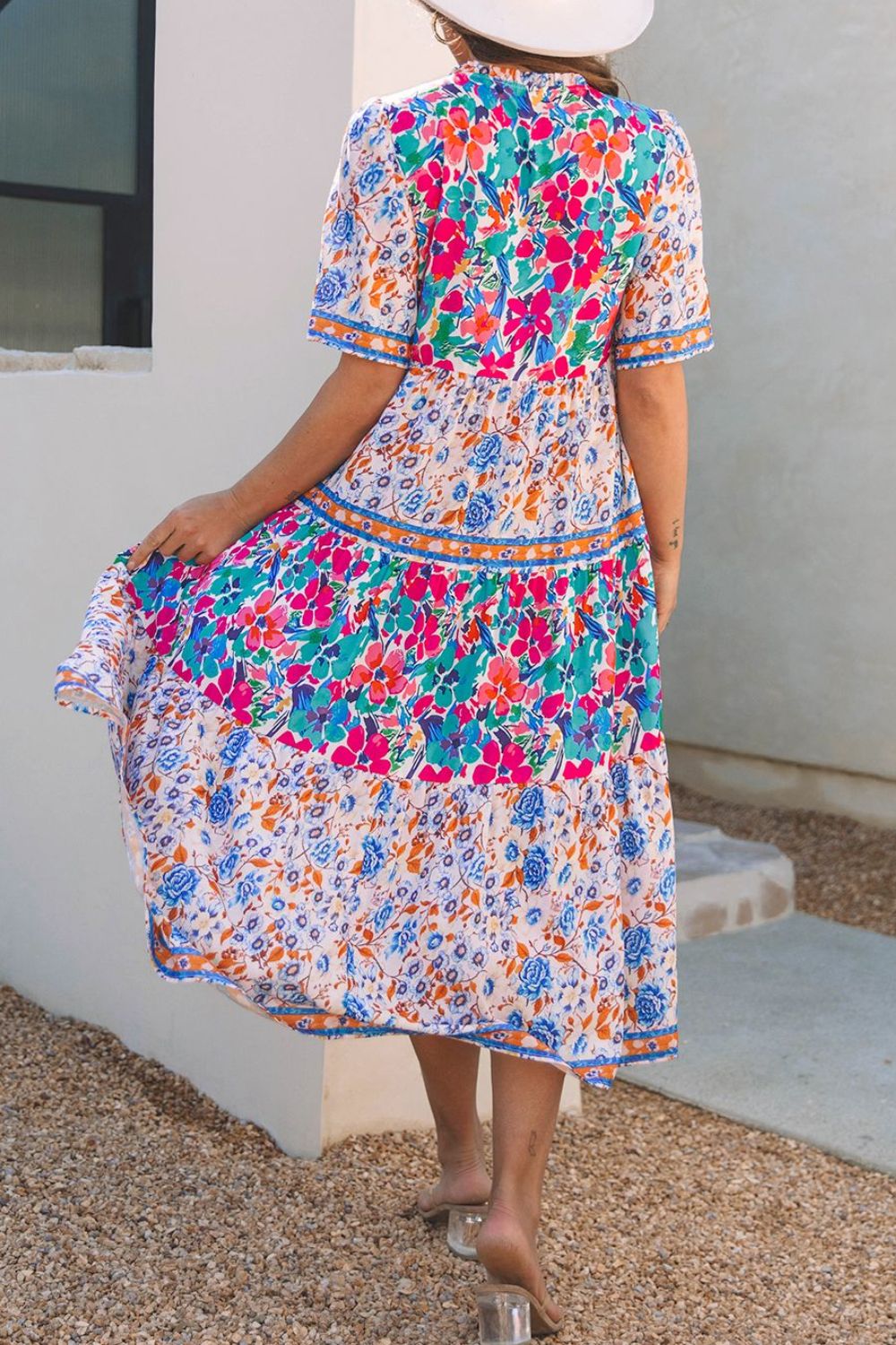 Mixed Floral Print Tie Neck Short Sleeve Dress.