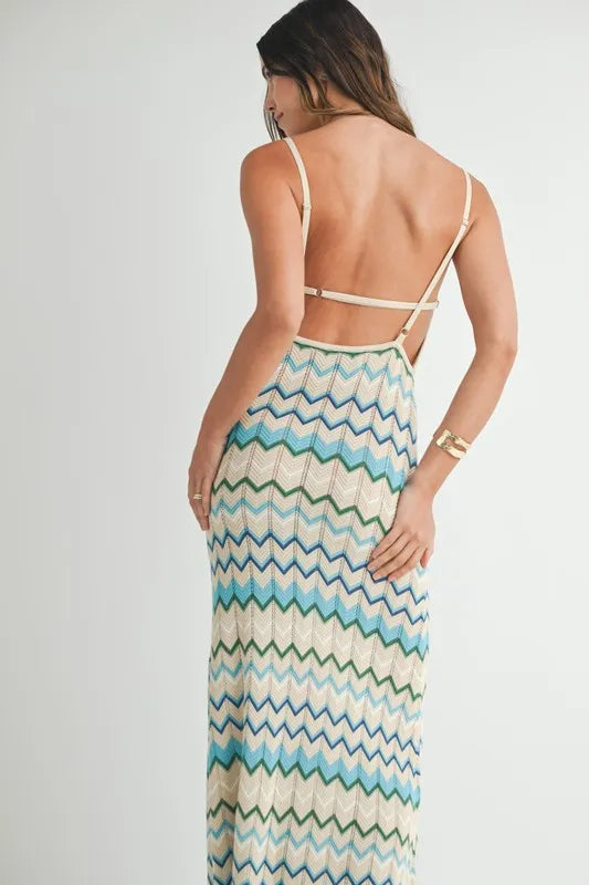 MABLE Lightweight Pointelle Chevron Knit Maxi Dress.