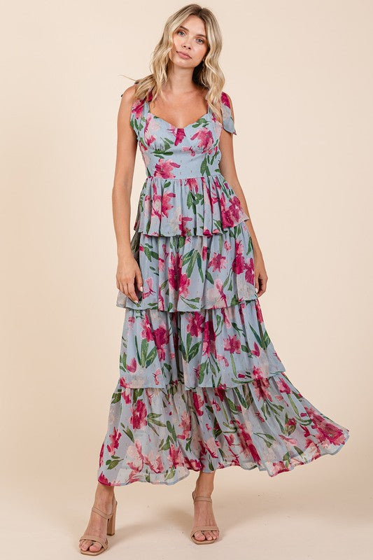 Mittoshop Layered Floral Sweetheart Neck Maxi Dress.