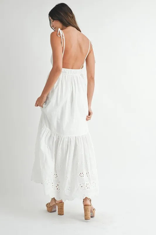 MABLE Eyelet Lace Maxi Dress with Side Strap Details.