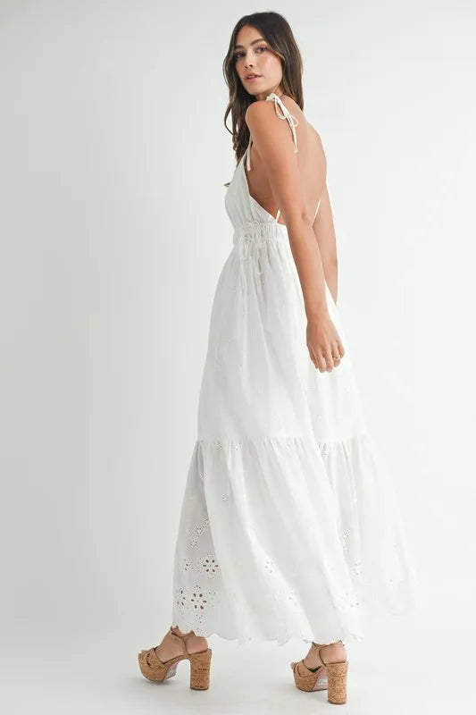 MABLE Eyelet Lace Maxi Dress with Side Strap Details.