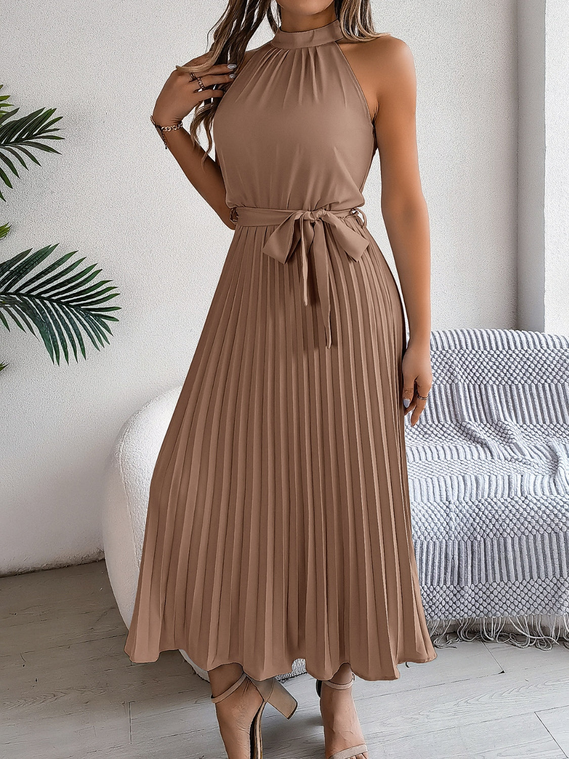 Grecian Neck, Tie Waist, Pleated Dress.