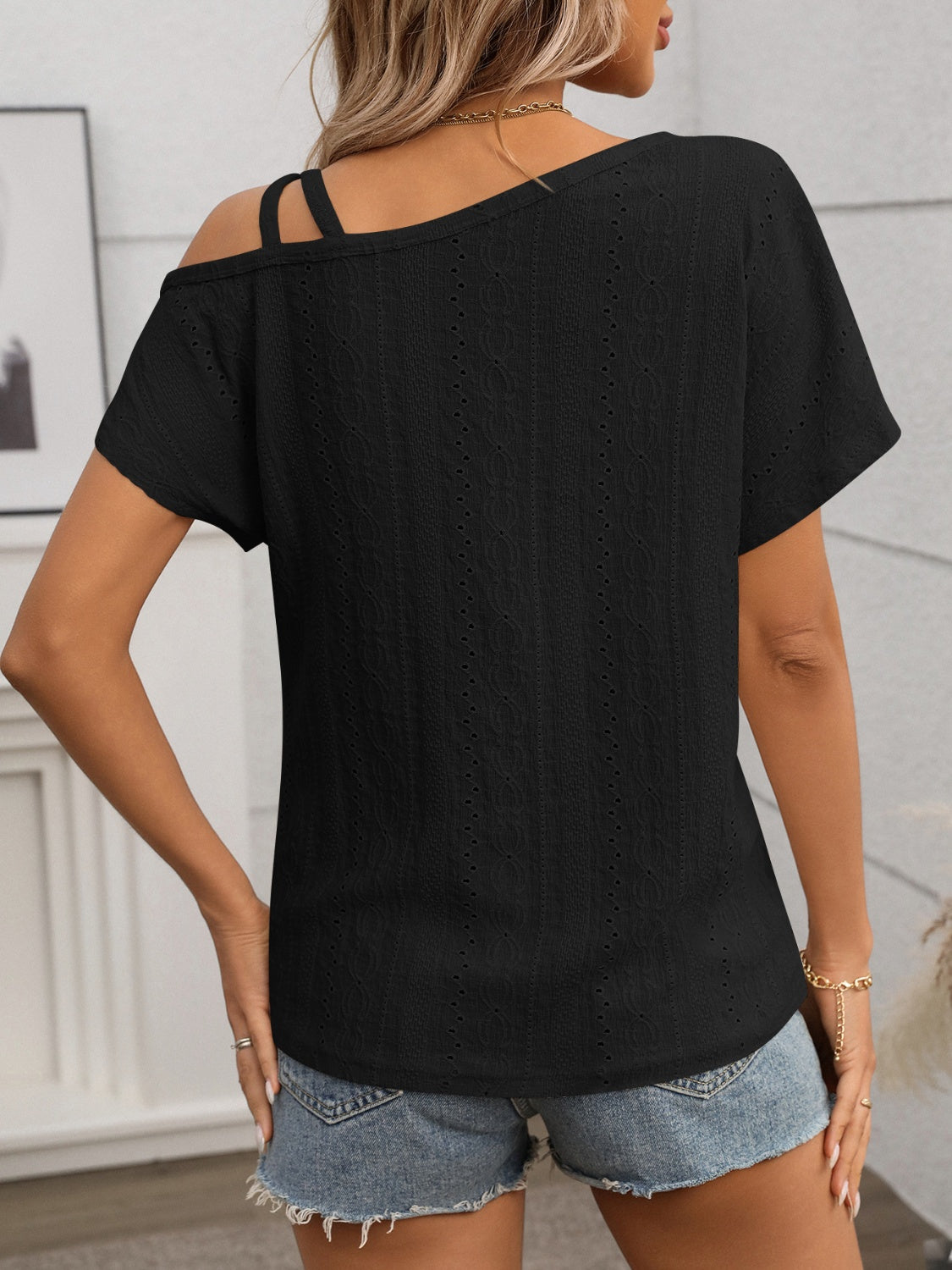 Chic Eyelet Asymmetrical Shoulder Short Sleeve T-Shirt - Unique Fashion Statement.