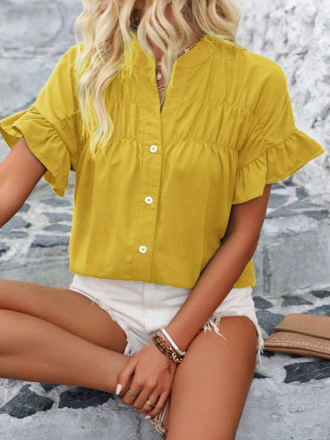 Elegant Button Down Ruffled Short Sleeve Shirt - Versatile Fashion Essential.