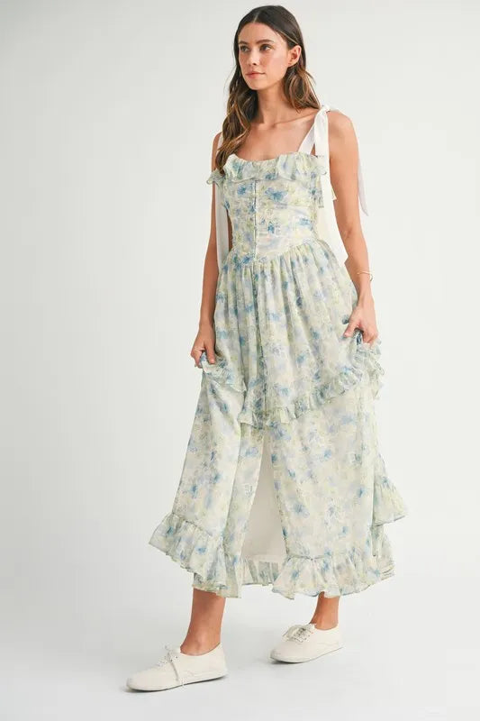 MABLE Floral Printed Shoulder Strap Midi Dress.