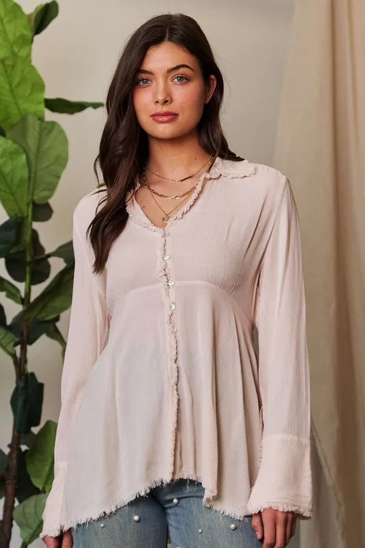 Davi & Dani V-Neck Open Back Adjustable Babydoll Shirt.