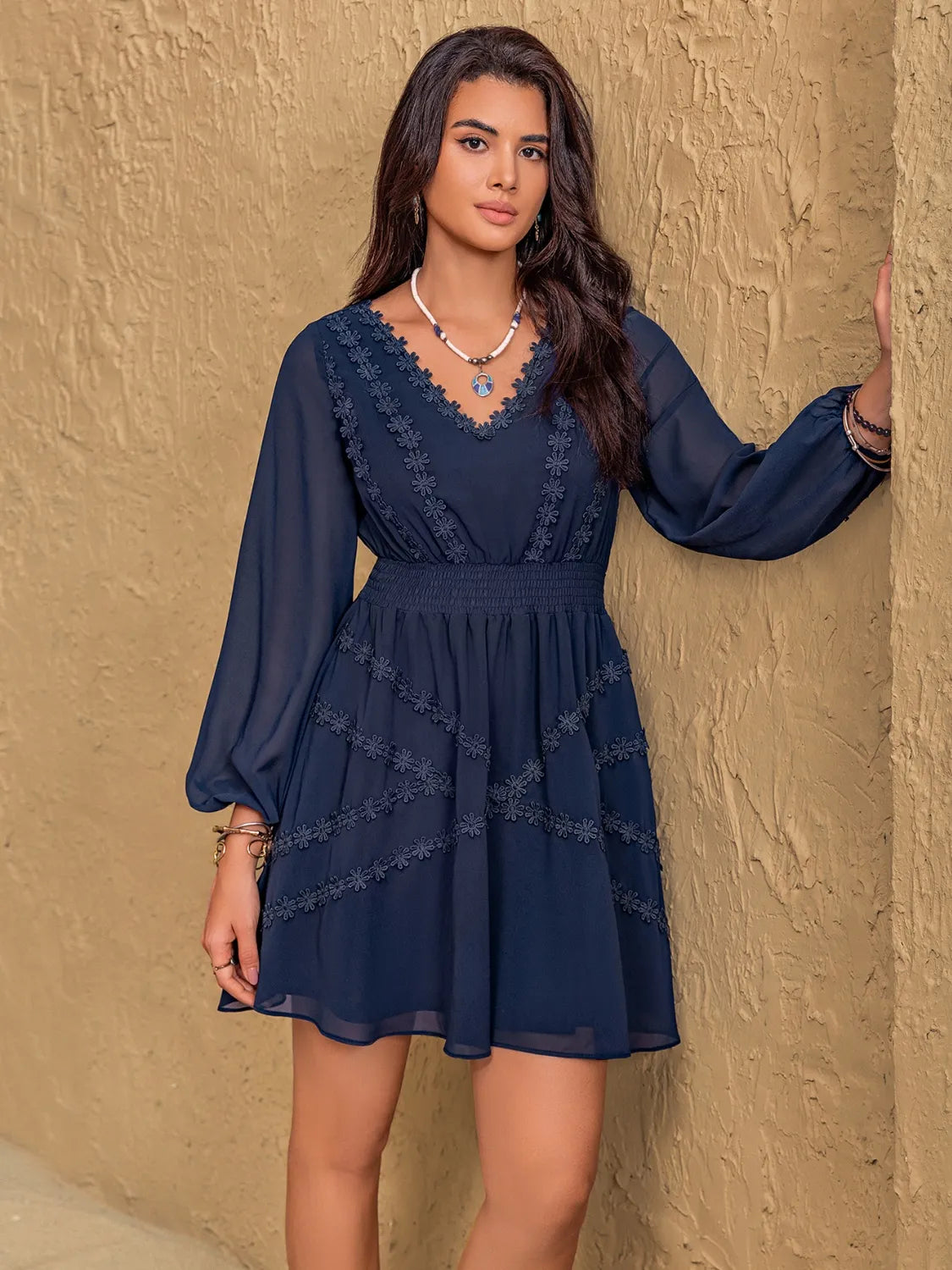 Enchanting Lace Detail V-Neck Balloon Sleeve Mini Dress.
