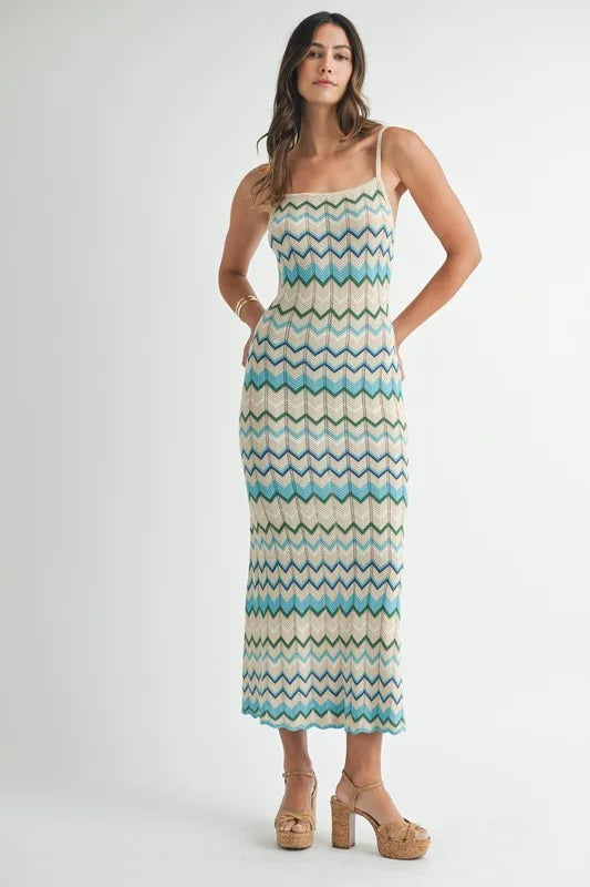 MABLE Lightweight Pointelle Chevron Knit Maxi Dress.