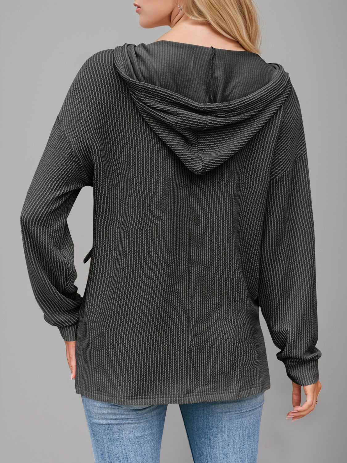 Double Take Drawstring Dropped Shoulder Long Sleeve Hoodie.