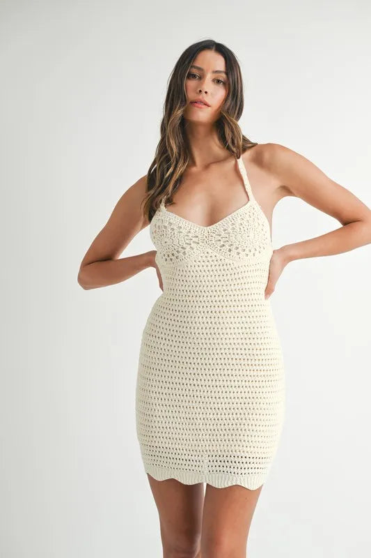 MABLE Crochet Crisscross Spaghetti Strap Mini Dress.