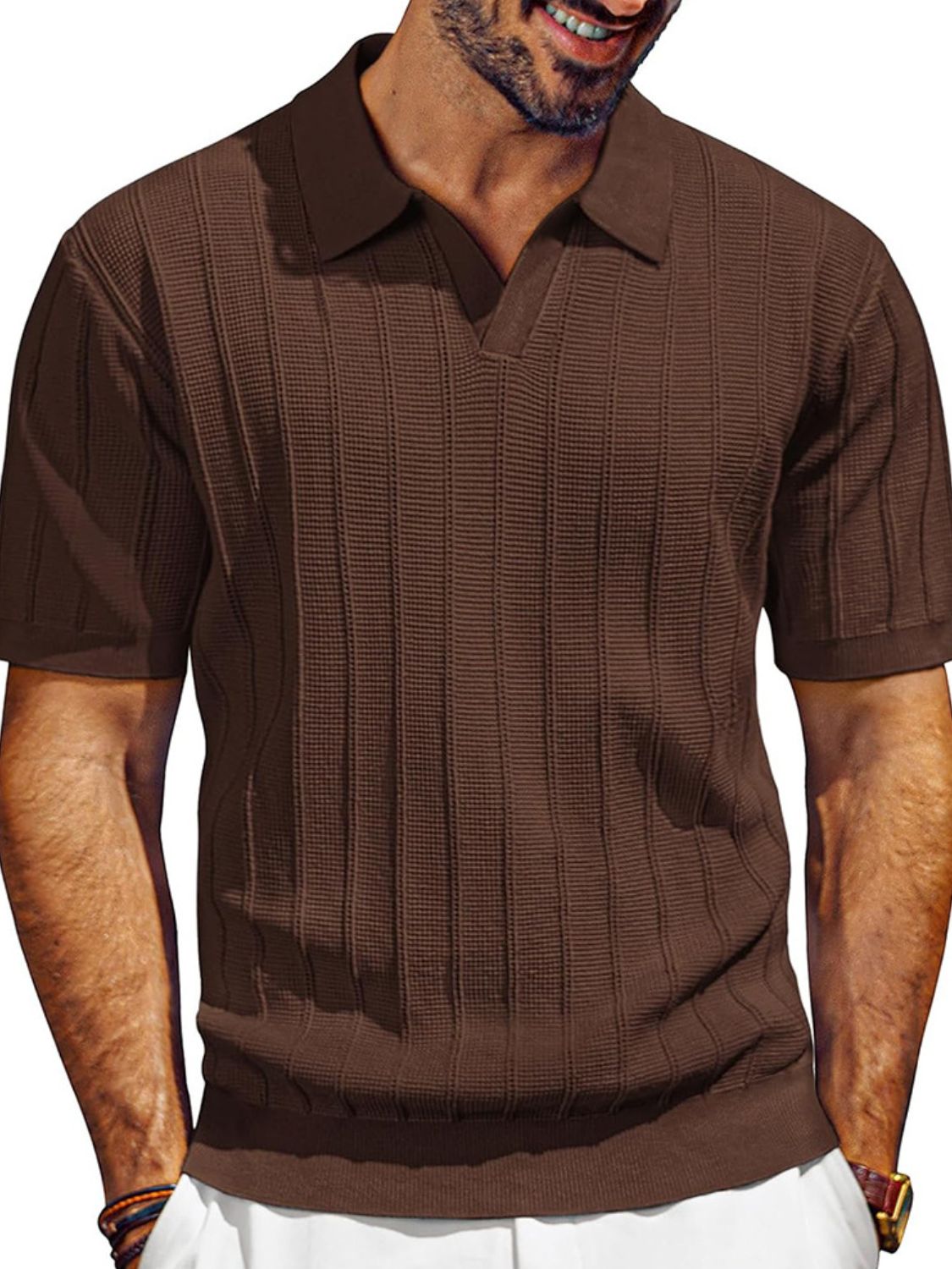 Men's Textured Collared Neck Short Sleeve Polo - Plus Size.