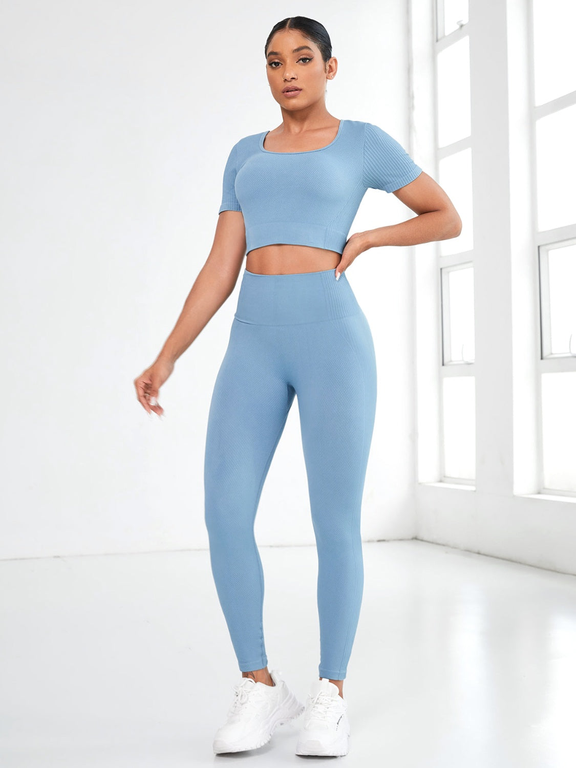 Athletic Round Neck Short Sleeve Top and Leggings Active Set.