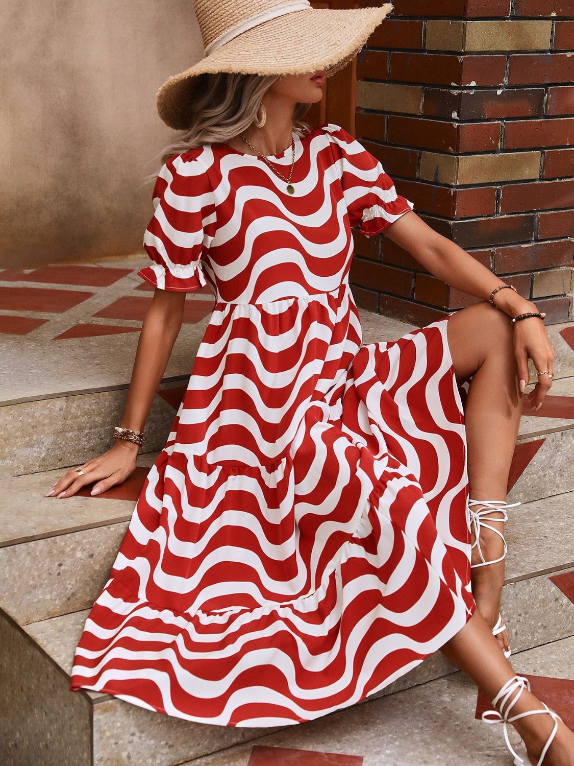 Wavy Striped Round Neck Short Sleeve Dress.