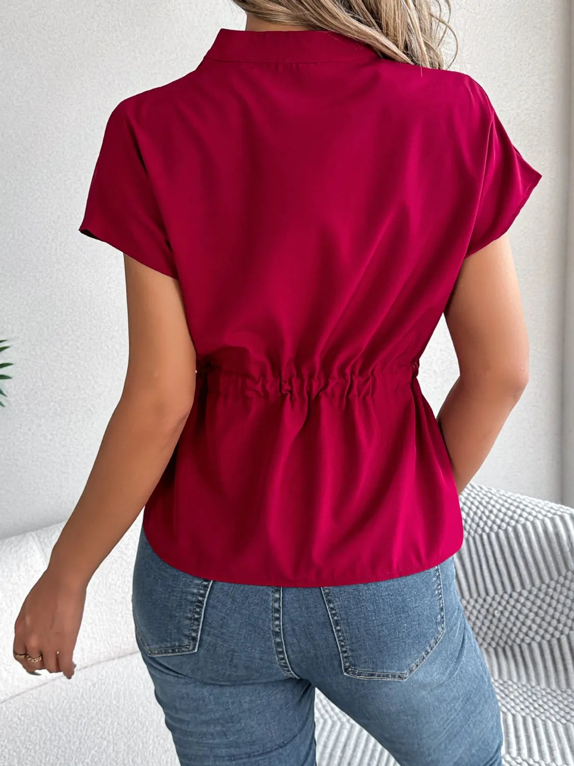 Savvy Notched Short Sleeve Blouse.