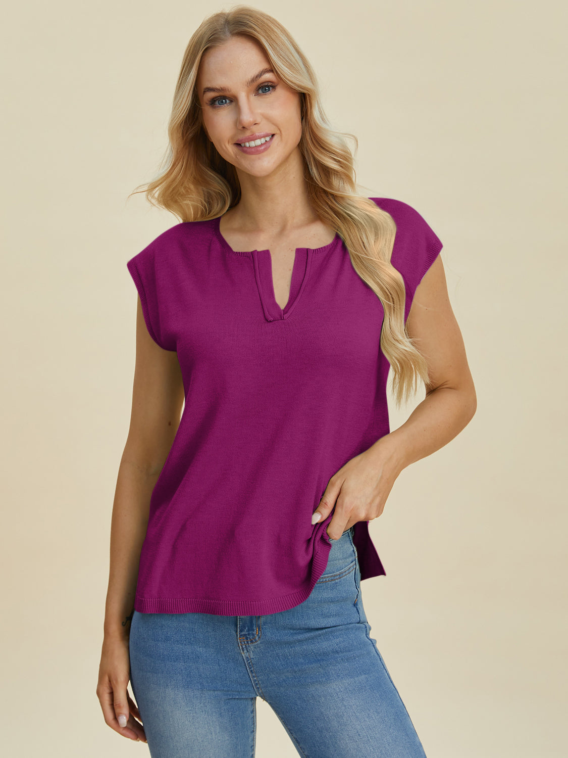 Double Take Full Size Notched Cap Sleeve Knit Top.