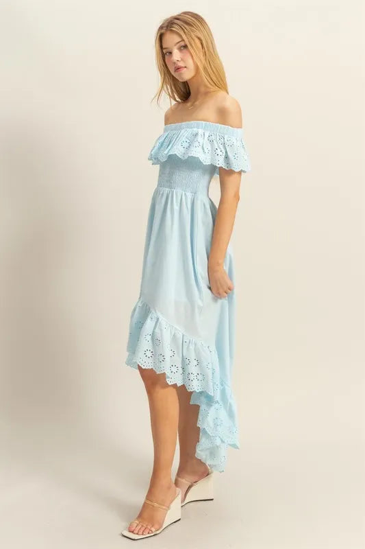 HYFVE High-Low Eyelet Ruffled Off-Shoulder Dress.