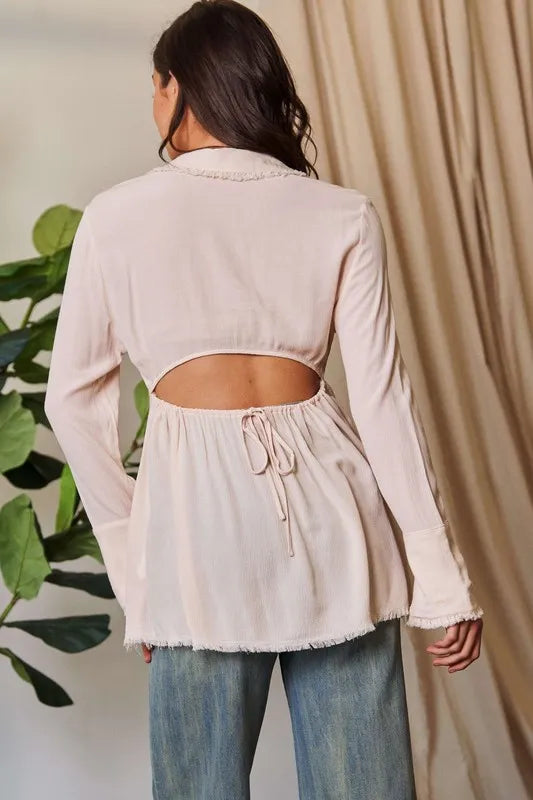 Davi & Dani V-Neck Open Back Adjustable Babydoll Shirt.