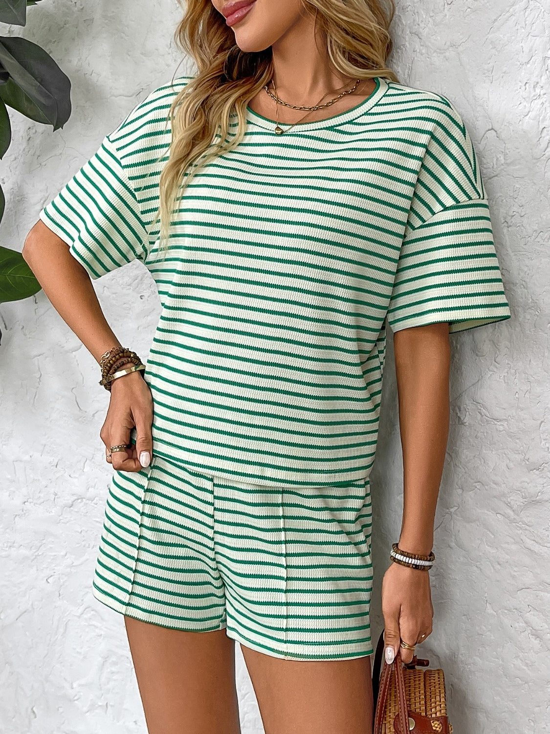 Striped Round Neck Short Sleeve Top and Shorts Set - Premium Fashion.